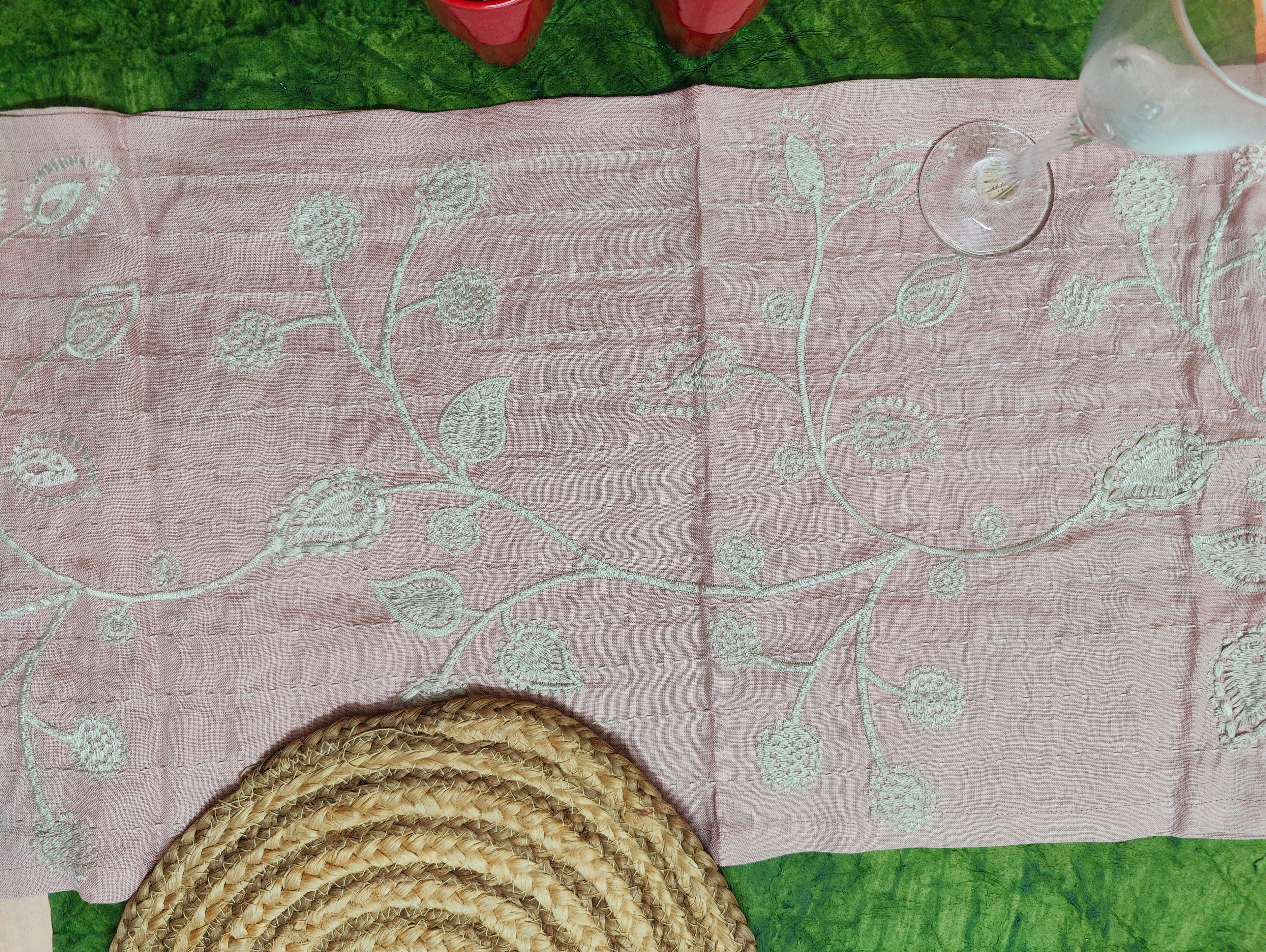 Linen Millenial Pink Embroidered Table Runner Gifts Festive table decor Prewashed 100% Pure European Linen Vintage Centrepiece Decor