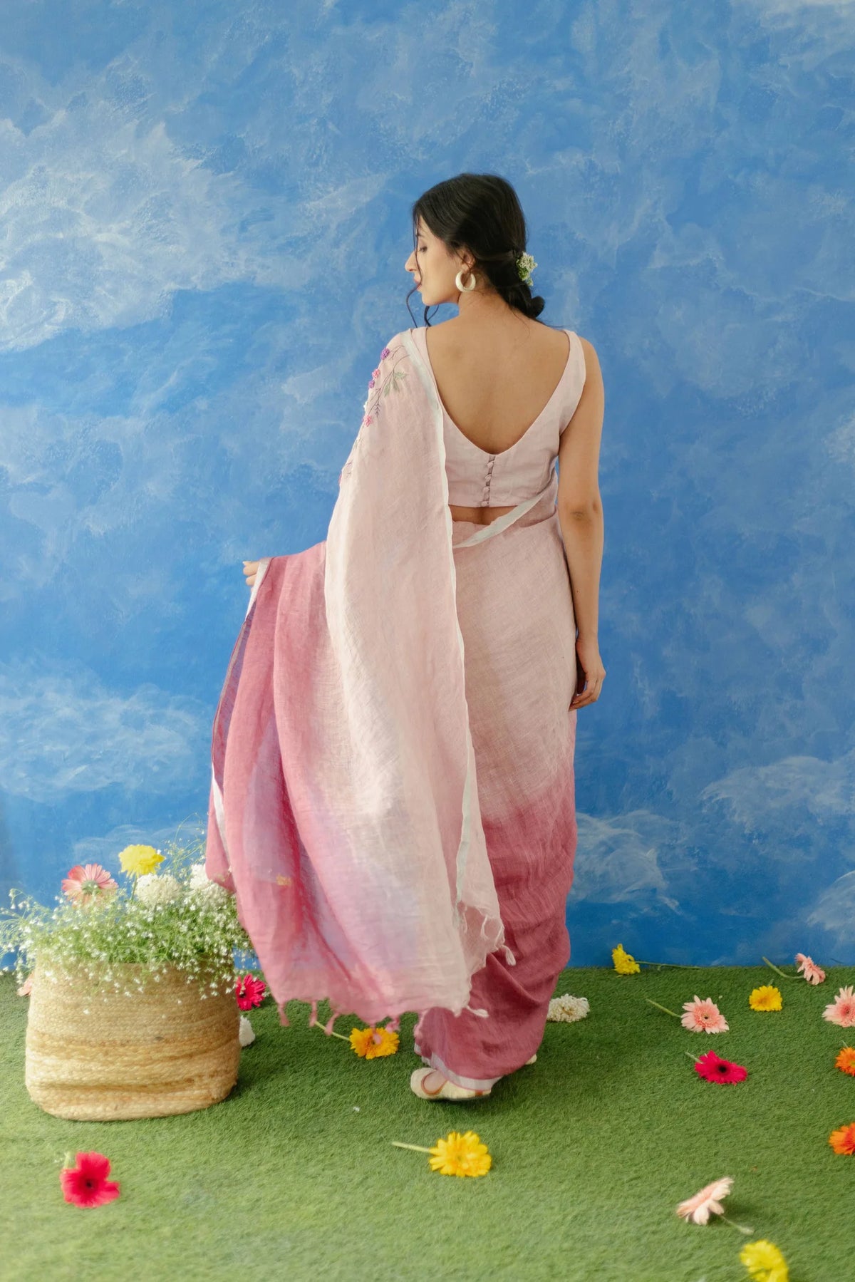 Handcrafted Pastel Pink Hand Embroidered Linen Saree