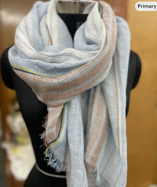 Blue brown cream Bengal striped / Linen Scarf / Gifts For Her / Prewashed