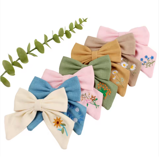 Reasonable Price Bow Hair Band Hand Embroidered Linen Bow Kids/young Girl Bow Hair Ties. Handmade Bow Hair Clip Baby Girl Hair Accessory