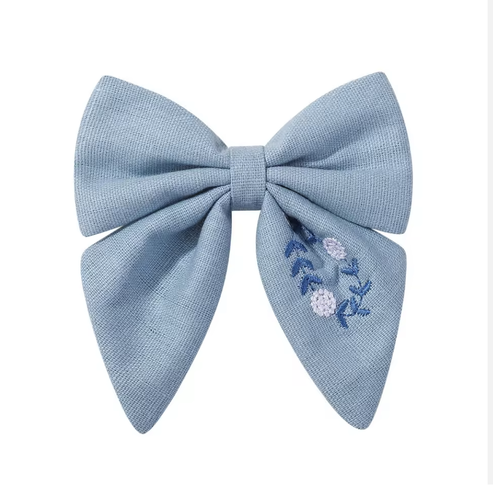 Reasonable Price Bow Hair Band Hand Embroidered Linen Bow Kids/young Girl Bow Hair Ties. Handmade Bow Hair Clip Baby Girl Hair Accessory