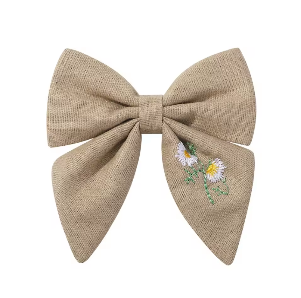 Reasonable Price Bow Hair Band Hand Embroidered Linen Bow Kids/young Girl Bow Hair Ties. Handmade Bow Hair Clip Baby Girl Hair Accessory