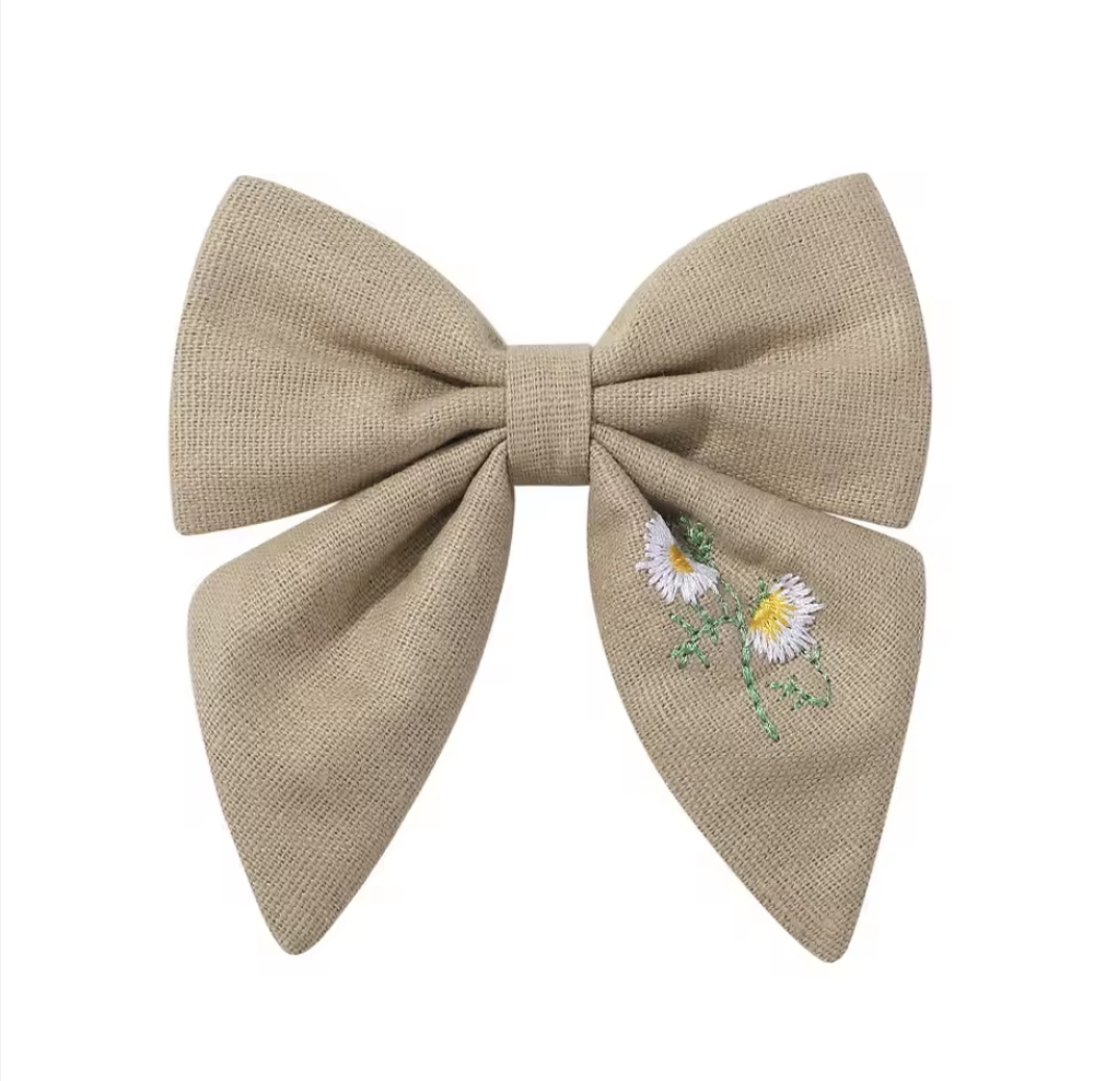 Reasonable Price Bow Hair Band Hand Embroidered Linen Bow Kids/young Girl Bow Hair Ties. Handmade Bow Hair Clip Baby Girl Hair Accessory