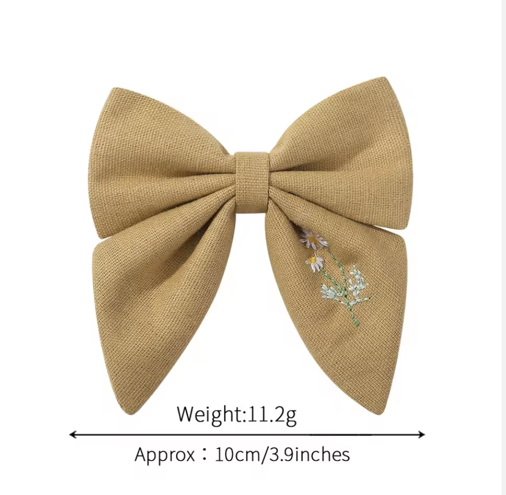 Reasonable Price Bow Hair Band Hand Embroidered Linen Bow Kids/young Girl Bow Hair Ties. Handmade Bow Hair Clip Baby Girl Hair Accessory