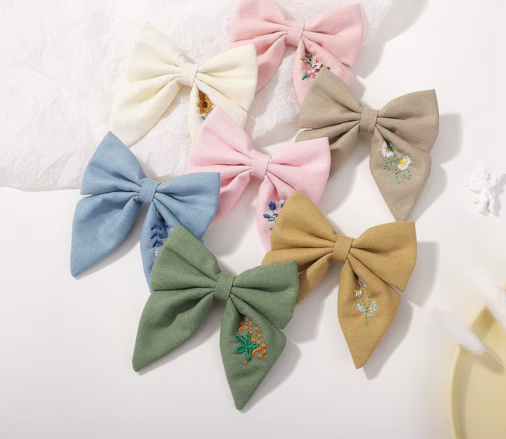 Reasonable Price Bow Hair Band Hand Embroidered Linen Bow Kids/young Girl Bow Hair Ties. Handmade Bow Hair Clip Baby Girl Hair Accessory