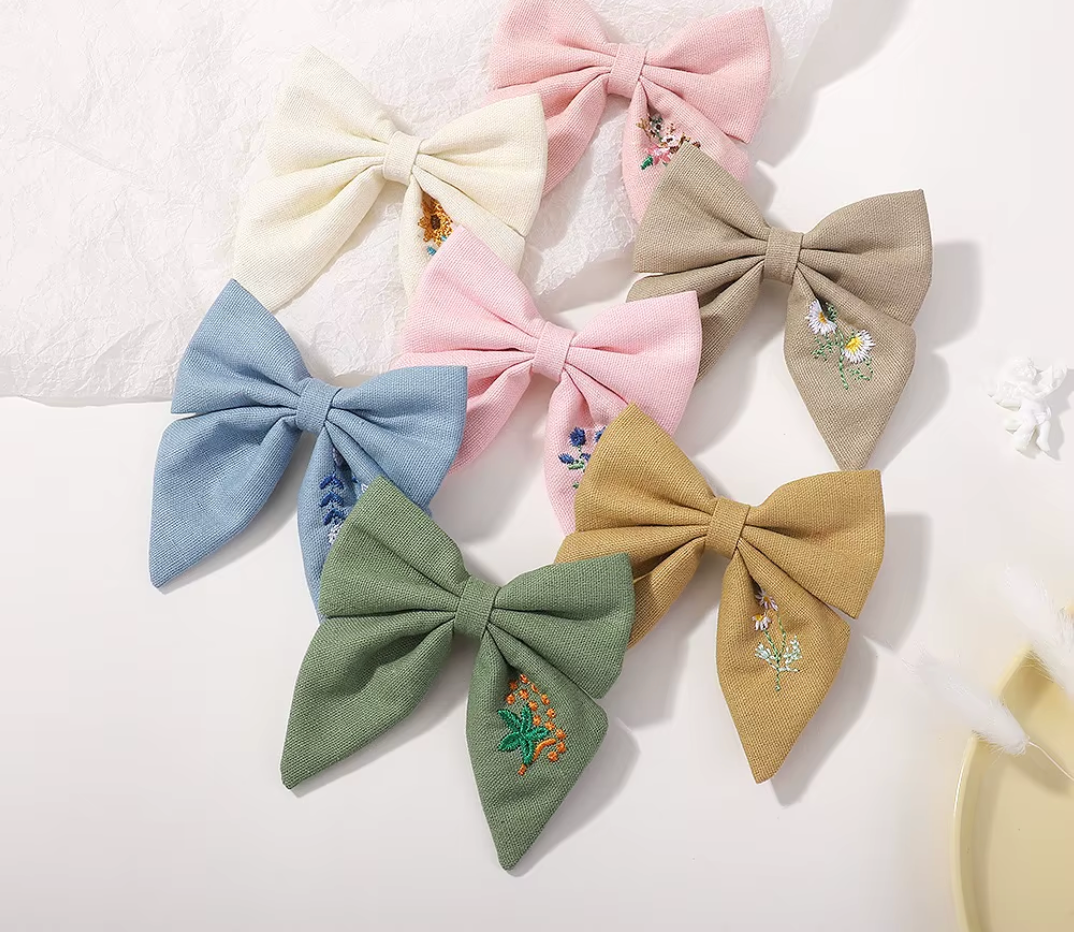 Reasonable Price Bow Hair Band Hand Embroidered Linen Bow Kids/young Girl Bow Hair Ties. Handmade Bow Hair Clip Baby Girl Hair Accessory