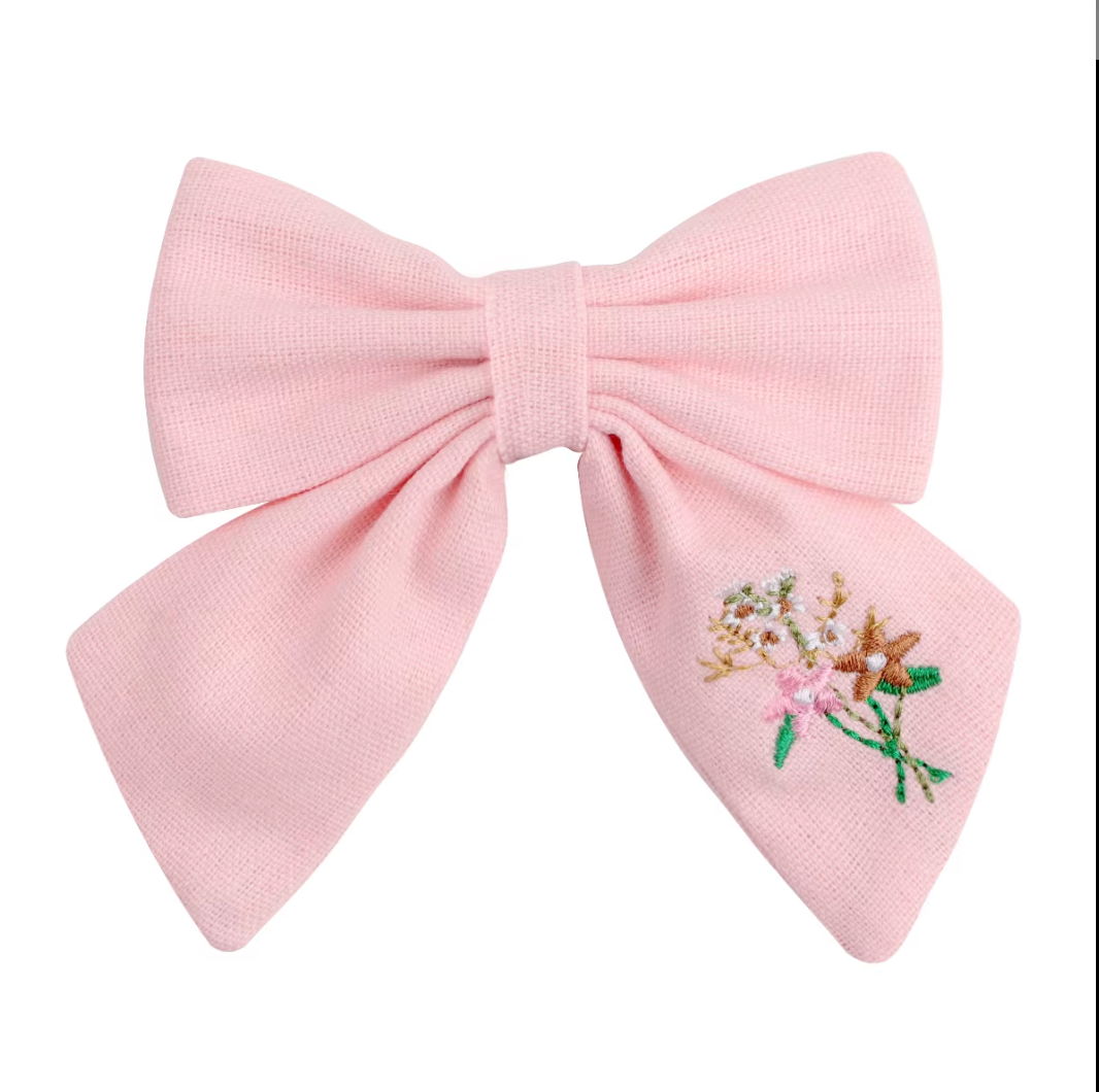 Reasonable Price Bow Hair Band Hand Embroidered Linen Bow Kids/young Girl Bow Hair Ties. Handmade Bow Hair Clip Baby Girl Hair Accessory
