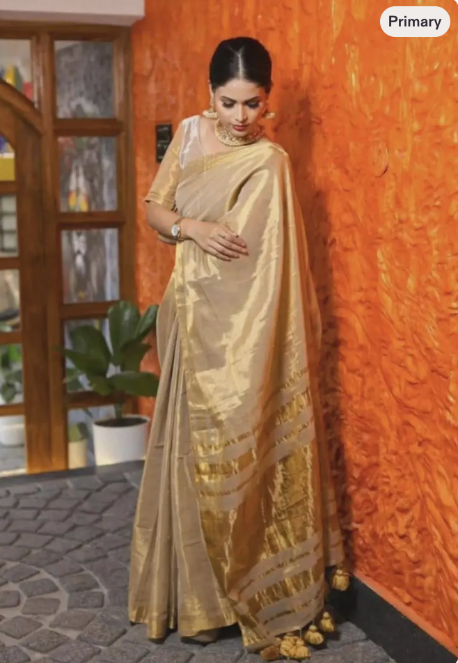Golden Tissue Kerala Saree with Tassels – Traditional Handloom Festive Wear