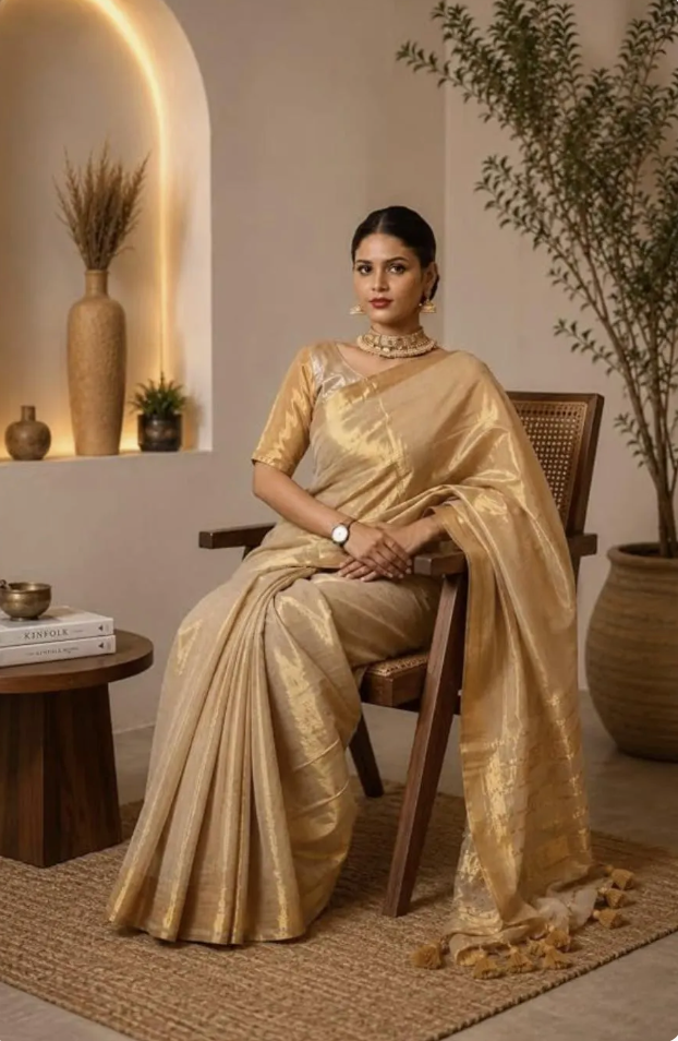 Golden Tissue Kerala Saree with Tassels – Traditional Handloom Festive Wear