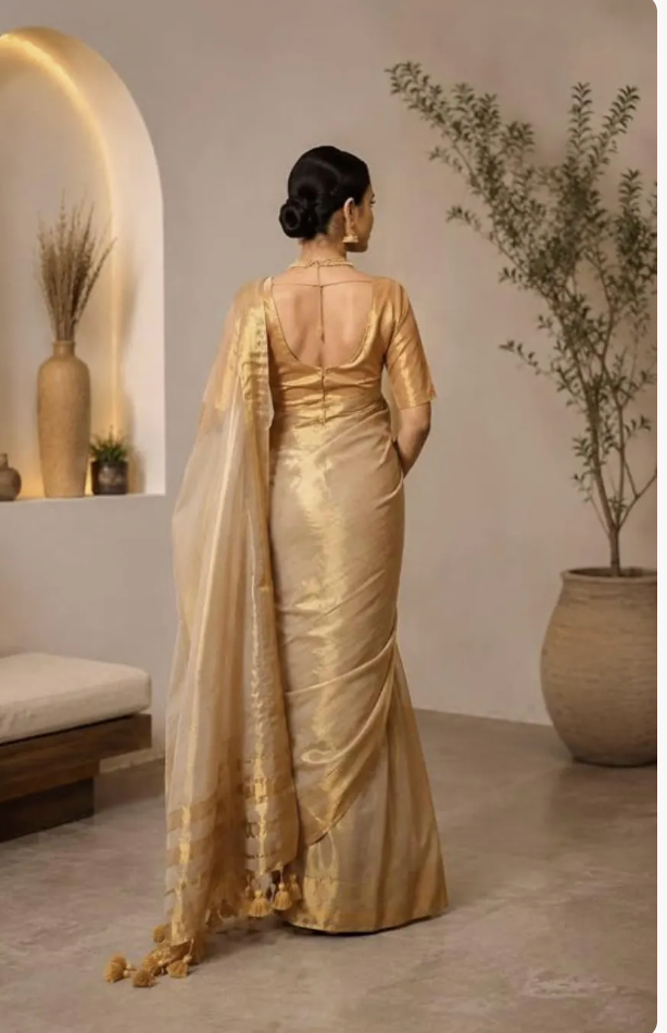Golden Tissue Kerala Saree with Tassels – Traditional Handloom Festive Wear
