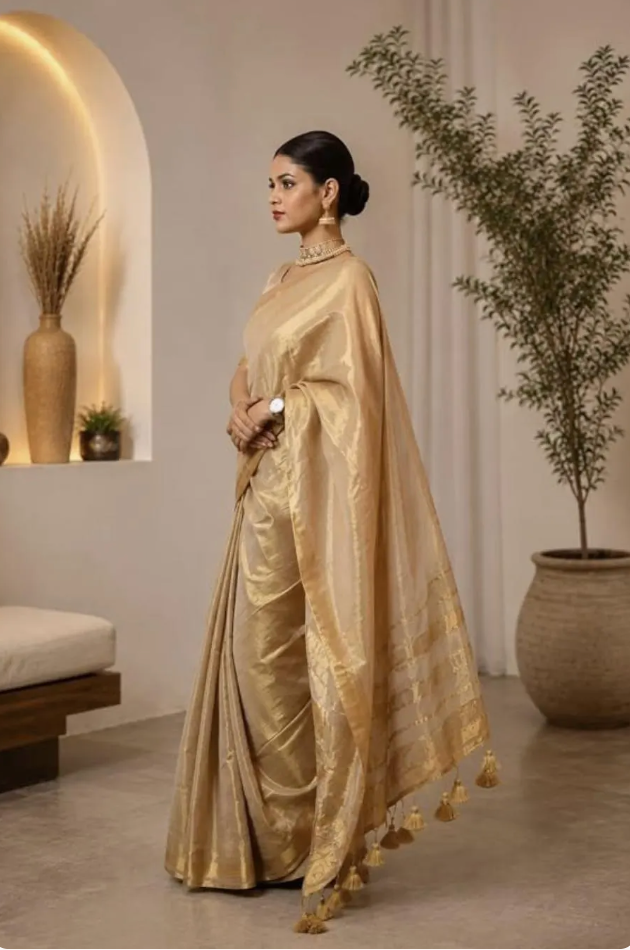 Golden Tissue Kerala Saree with Tassels – Traditional Handloom Festive Wear