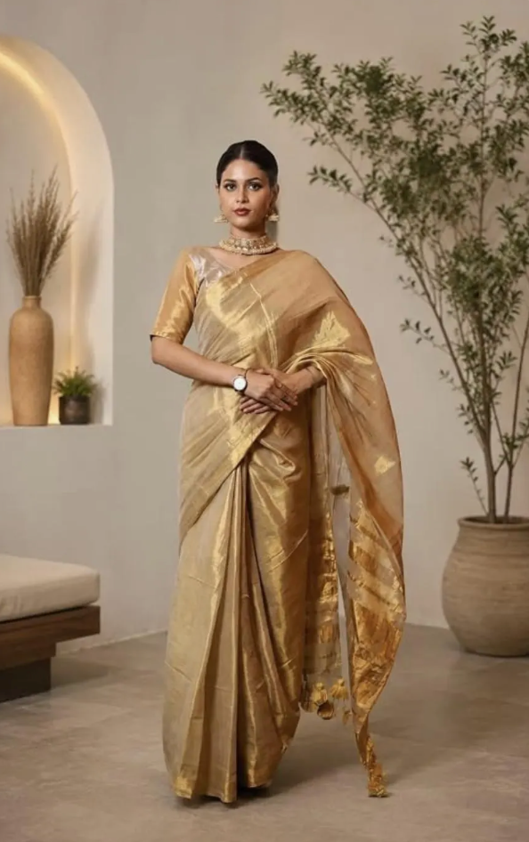 Golden Tissue Kerala Saree with Tassels – Traditional Handloom Festive Wear
