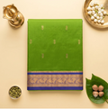 Parrot Green 9-Yard Pure Silk Saree with Gold Zari Motifs & Royal Blue Contrast Border