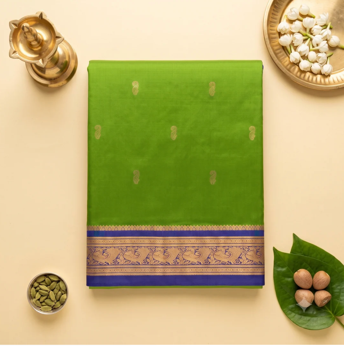 Parrot Green 9-Yard Pure Silk Saree with Gold Zari Motifs & Royal Blue Contrast Border