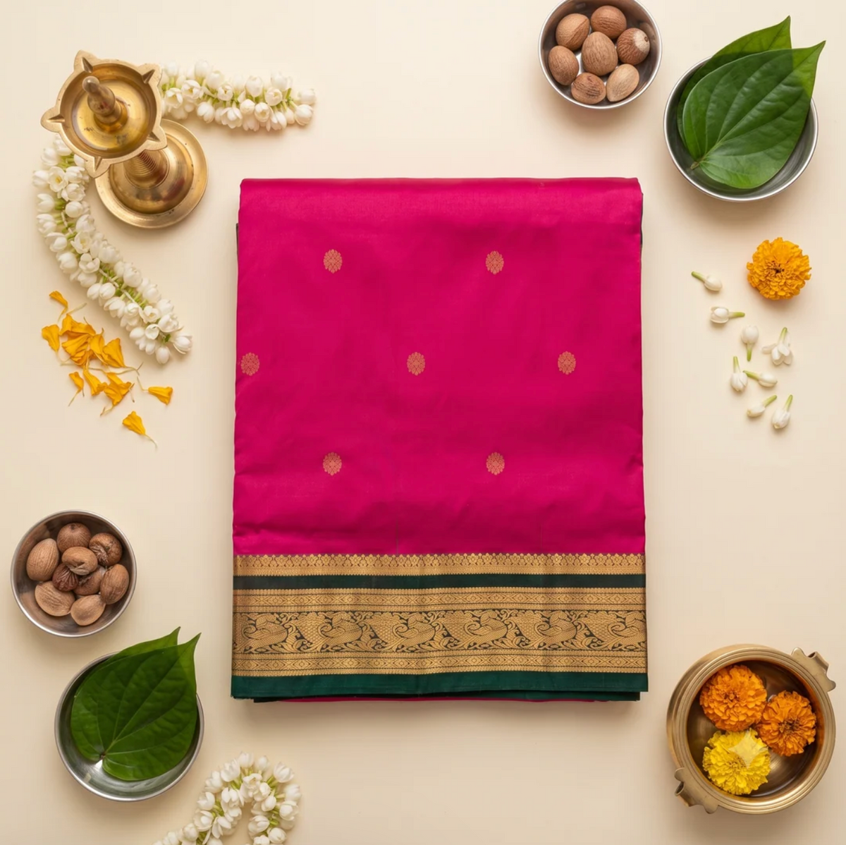 Pink-Magenta 9-Yard Pure Silk Saree with Metallic Zari Motifs & Deep Green Contrast Border