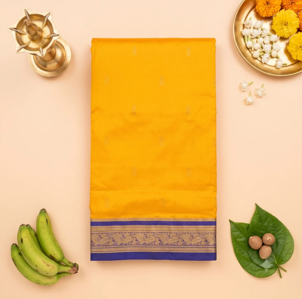 Mango Yellow & Royal Blue 9-Yard Pure Silk Saree