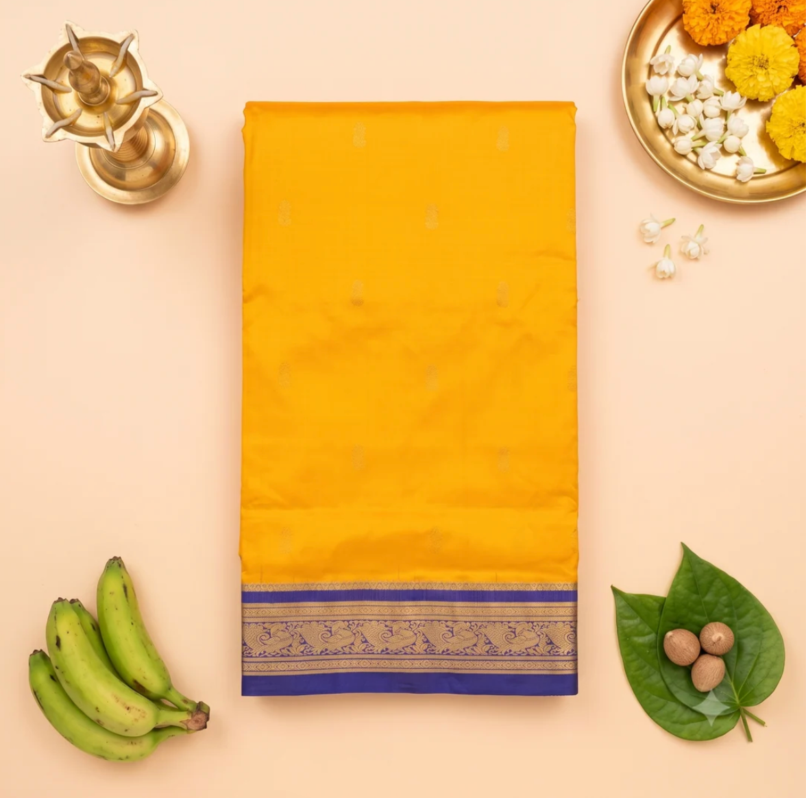 Mango Yellow & Royal Blue 9-Yard Pure Silk Saree