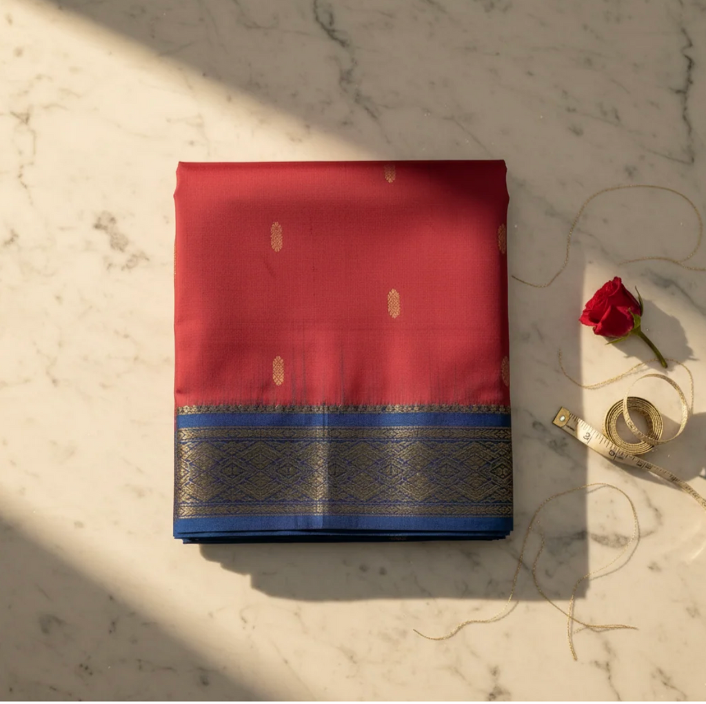 Rose-Crimson Red 9-Yard Pure Silk Saree with Gold Buti Motifs & Royal Blue Navy Zari Border