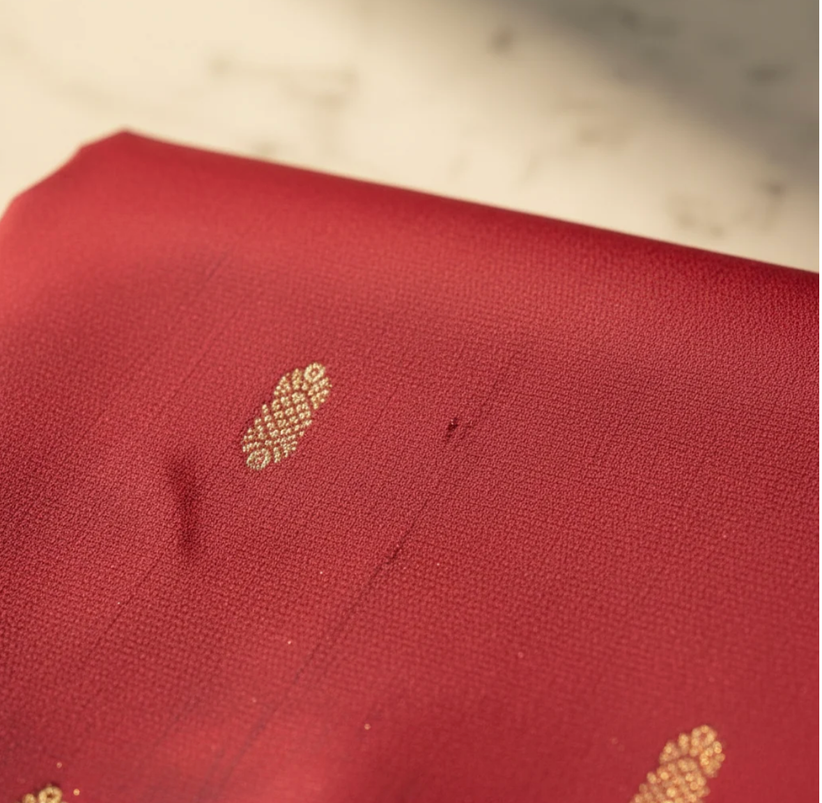 Rose-Crimson Red 9-Yard Pure Silk Saree with Gold Buti Motifs & Royal Blue Navy Zari Border