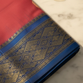 Rose-Crimson Red 9-Yard Pure Silk Saree with Gold Buti Motifs & Royal Blue Navy Zari Border