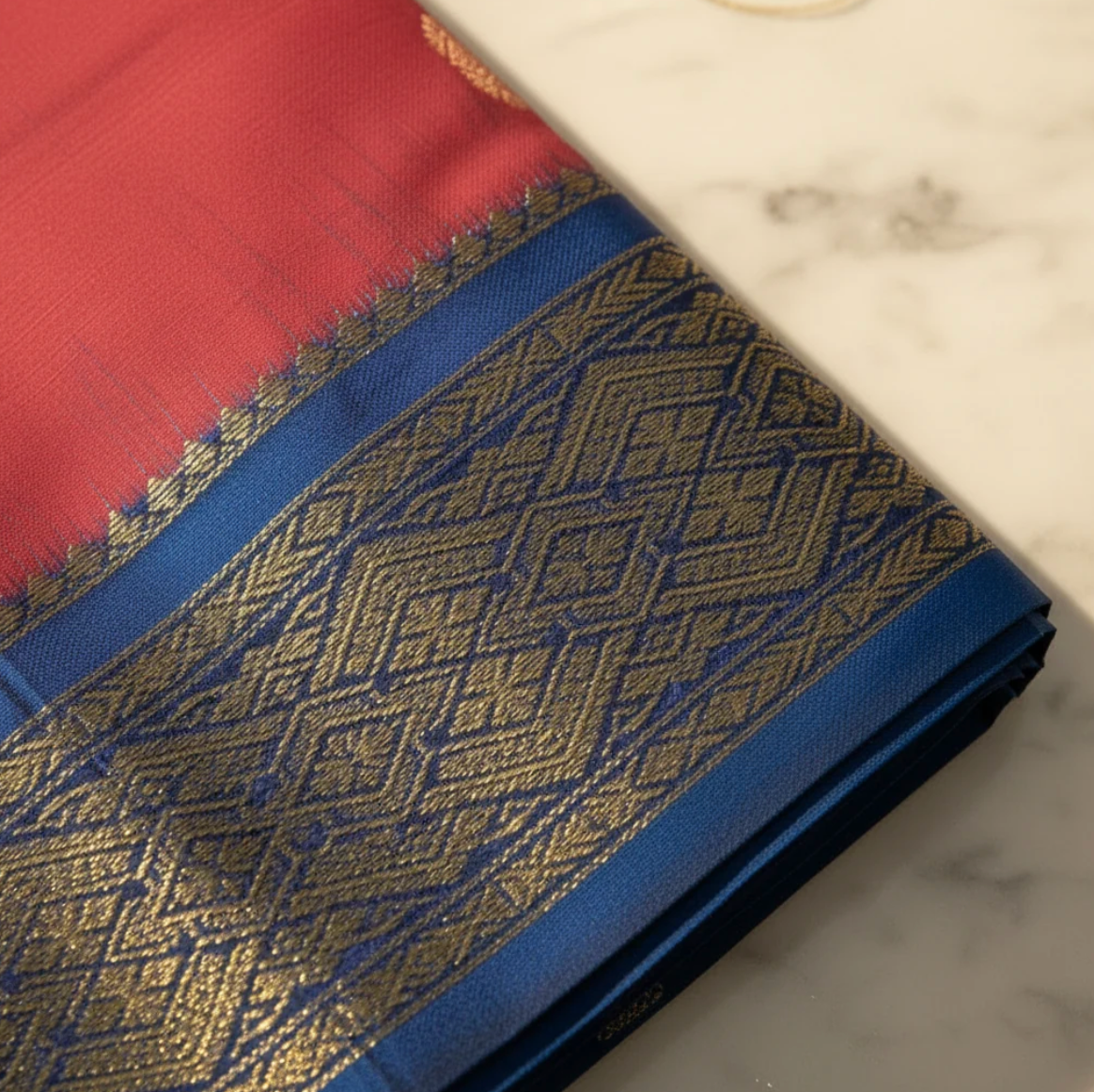 Rose-Crimson Red 9-Yard Pure Silk Saree with Gold Buti Motifs & Royal Blue Navy Zari Border