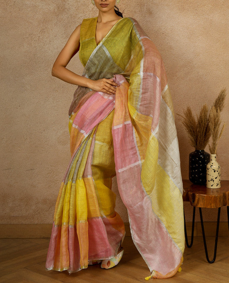 Multicolor Color Block Linen Saree with Zari and Tassels
