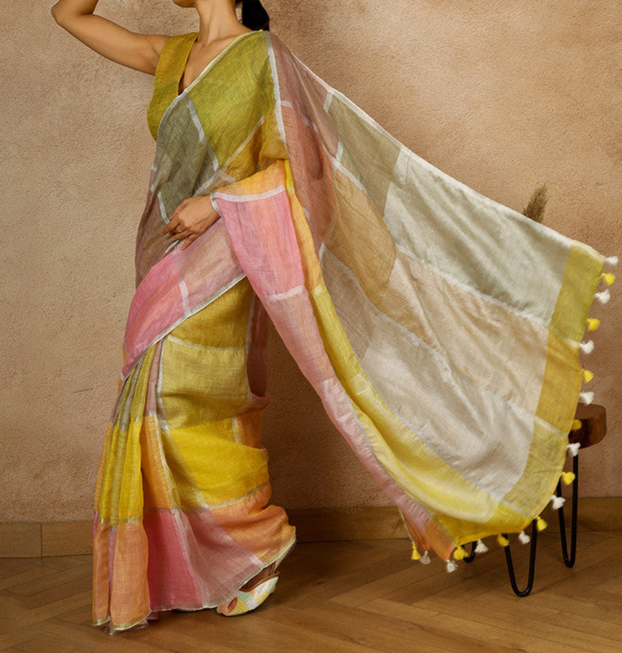 Multicolor Color Block Linen Saree with Zari and Tassels