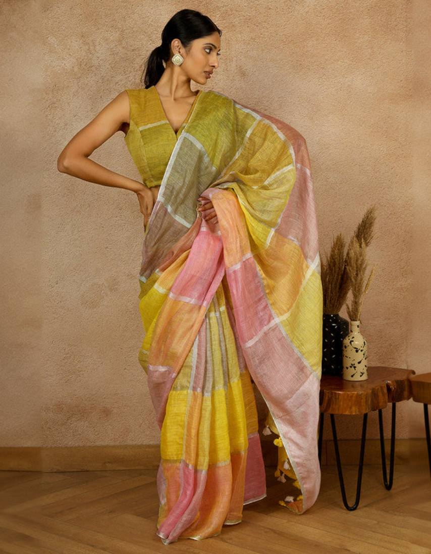 Multicolor Color Block Linen Saree with Zari and Tassels