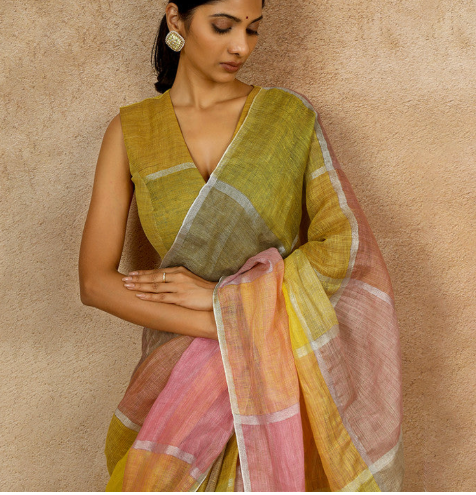 Multicolor Color Block Linen Saree with Zari and Tassels