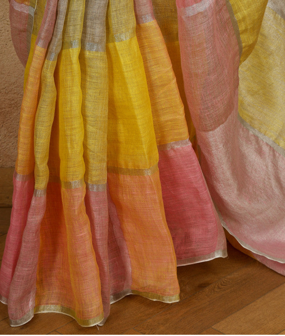 Multicolor Color Block Linen Saree with Zari and Tassels