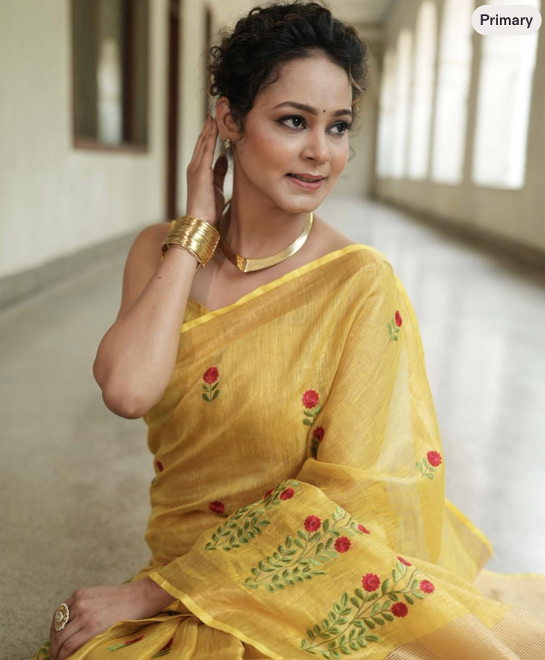 Mustard Yellow Bhagalpuri Linen Saree – Embroidered Border