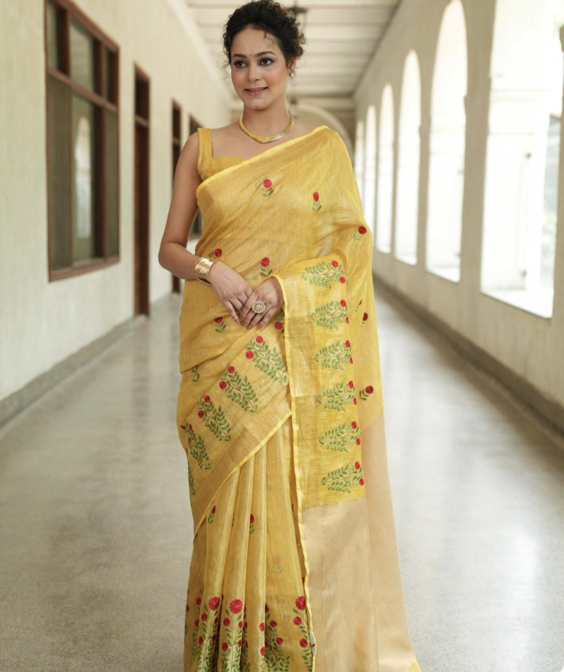 Mustard Yellow Bhagalpuri Linen Saree – Embroidered Border