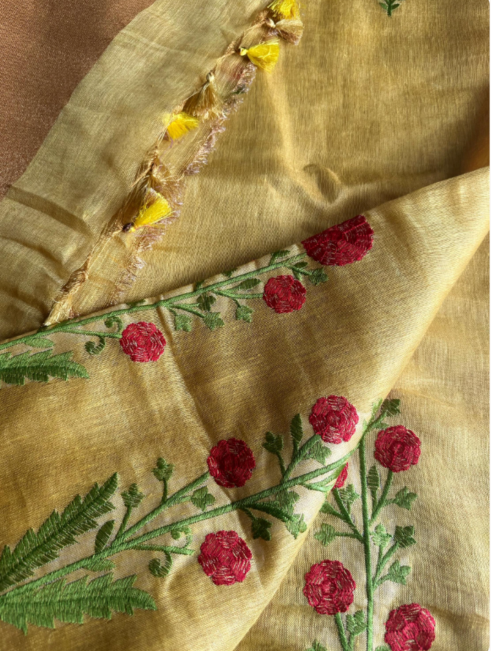 Mustard Yellow Bhagalpuri Linen Saree – Embroidered Border