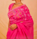 Pink Hand Embroidered Pure Linen Saree – Floral Work