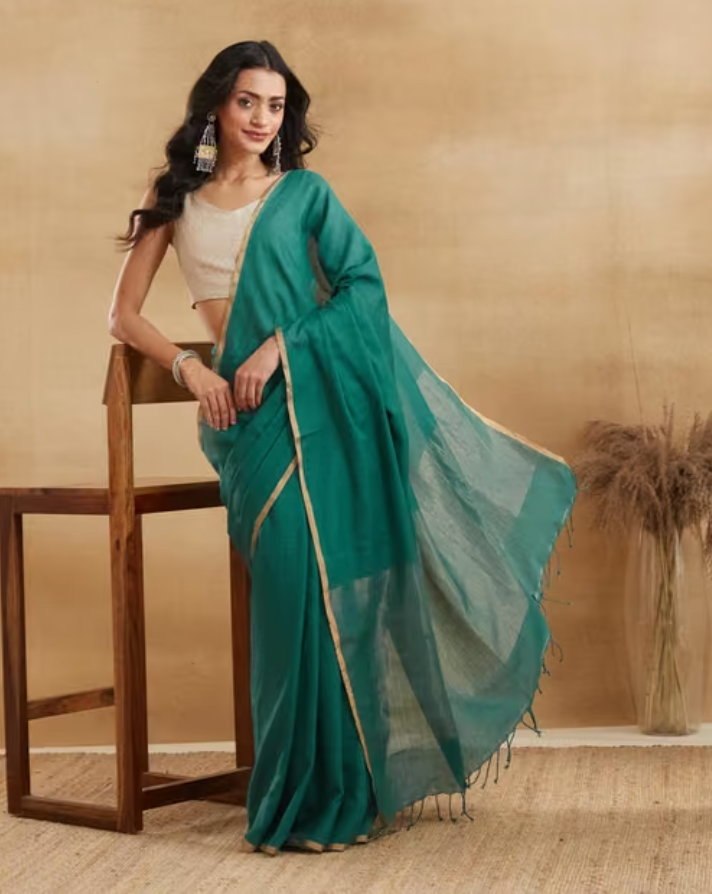 Teal Cotton Linen Hand Woven Sari