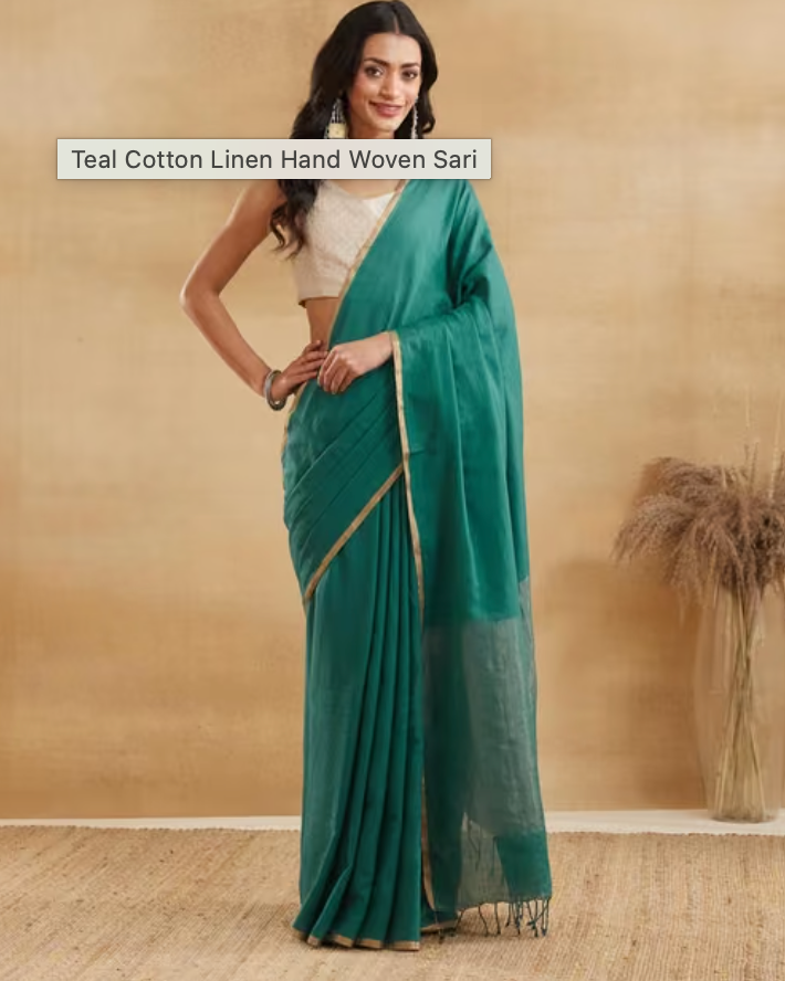 Teal Cotton Linen Hand Woven Sari