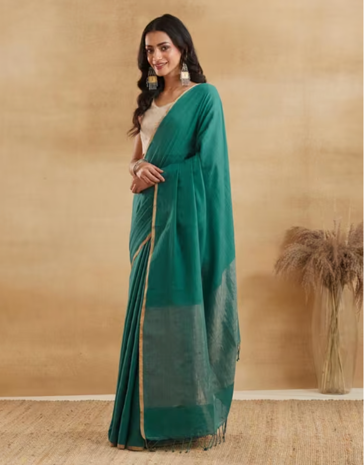 Teal Cotton Linen Hand Woven Sari