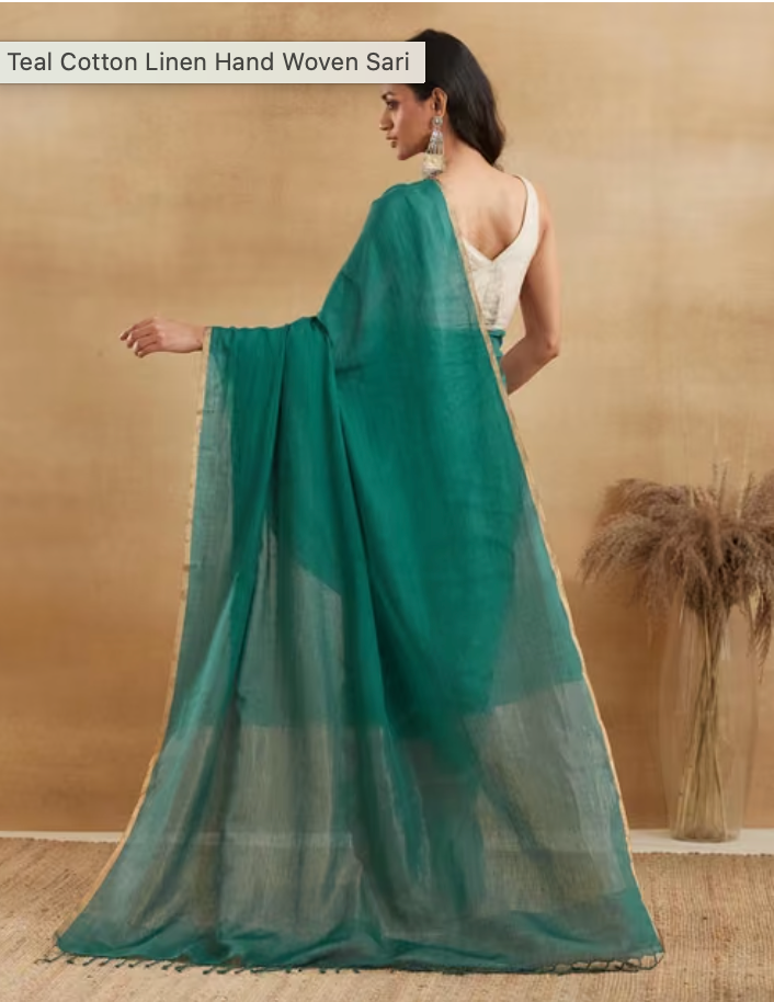 Teal Cotton Linen Hand Woven Sari