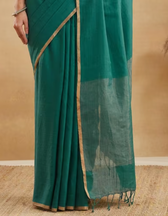 Teal Cotton Linen Hand Woven Sari