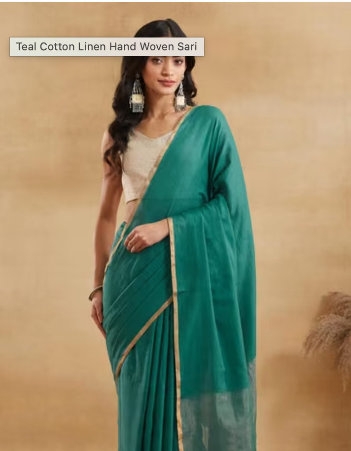 Teal Cotton Linen Hand Woven Sari