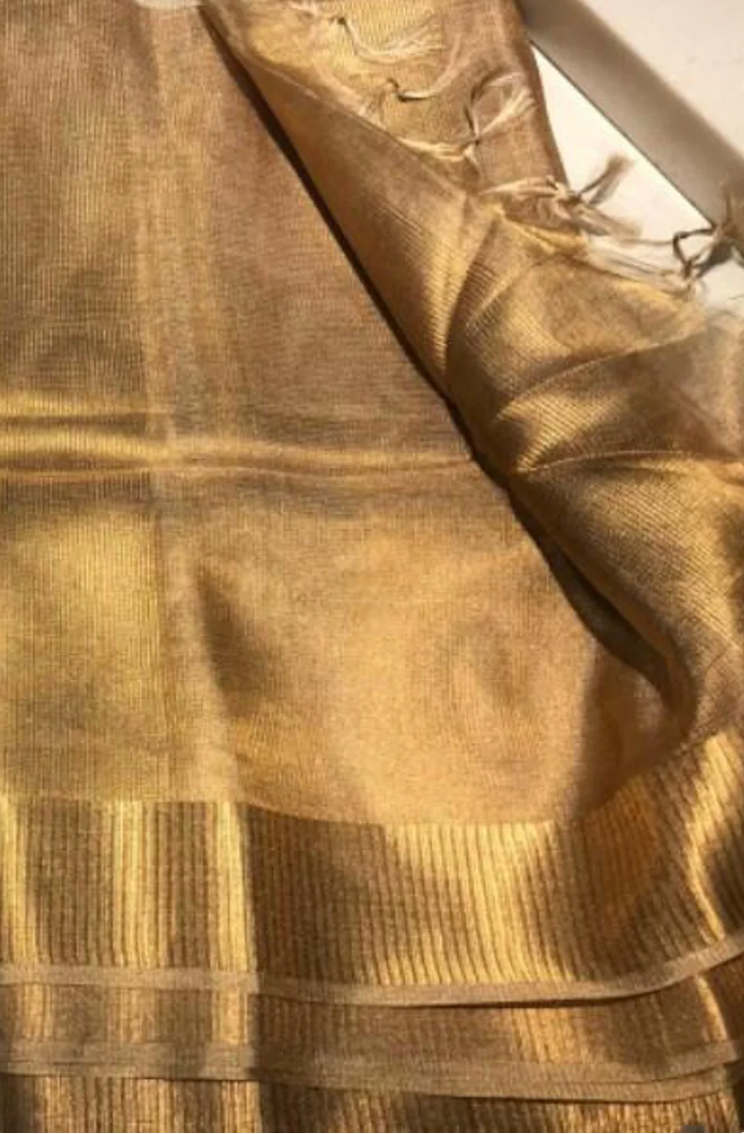 Copper Zari Linen Saree with Dobby Border and Running Blouse Piece
