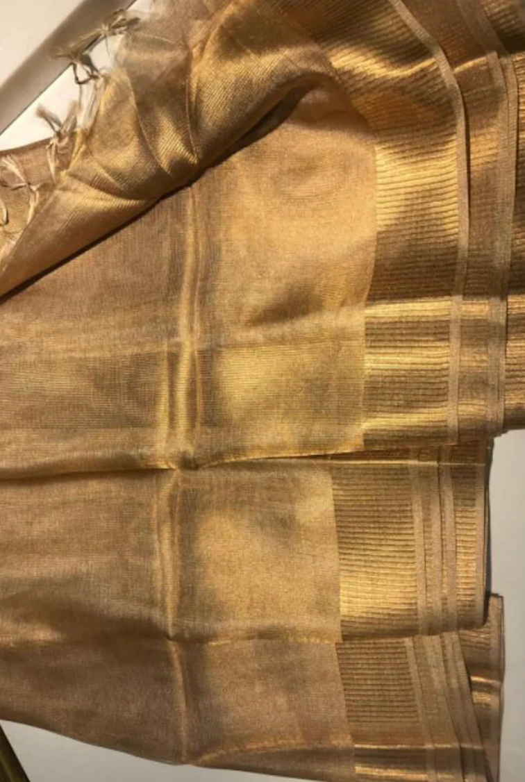 Copper Zari Linen Saree with Dobby Border and Running Blouse Piece