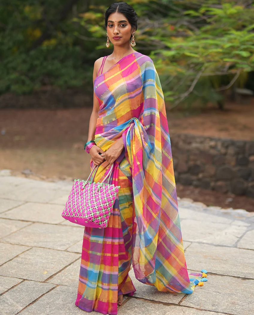 Borderless Pink Khadi Cotton Saree with Zari Checks