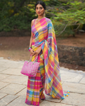 Borderless Pink Khadi Cotton Saree with Zari Checks