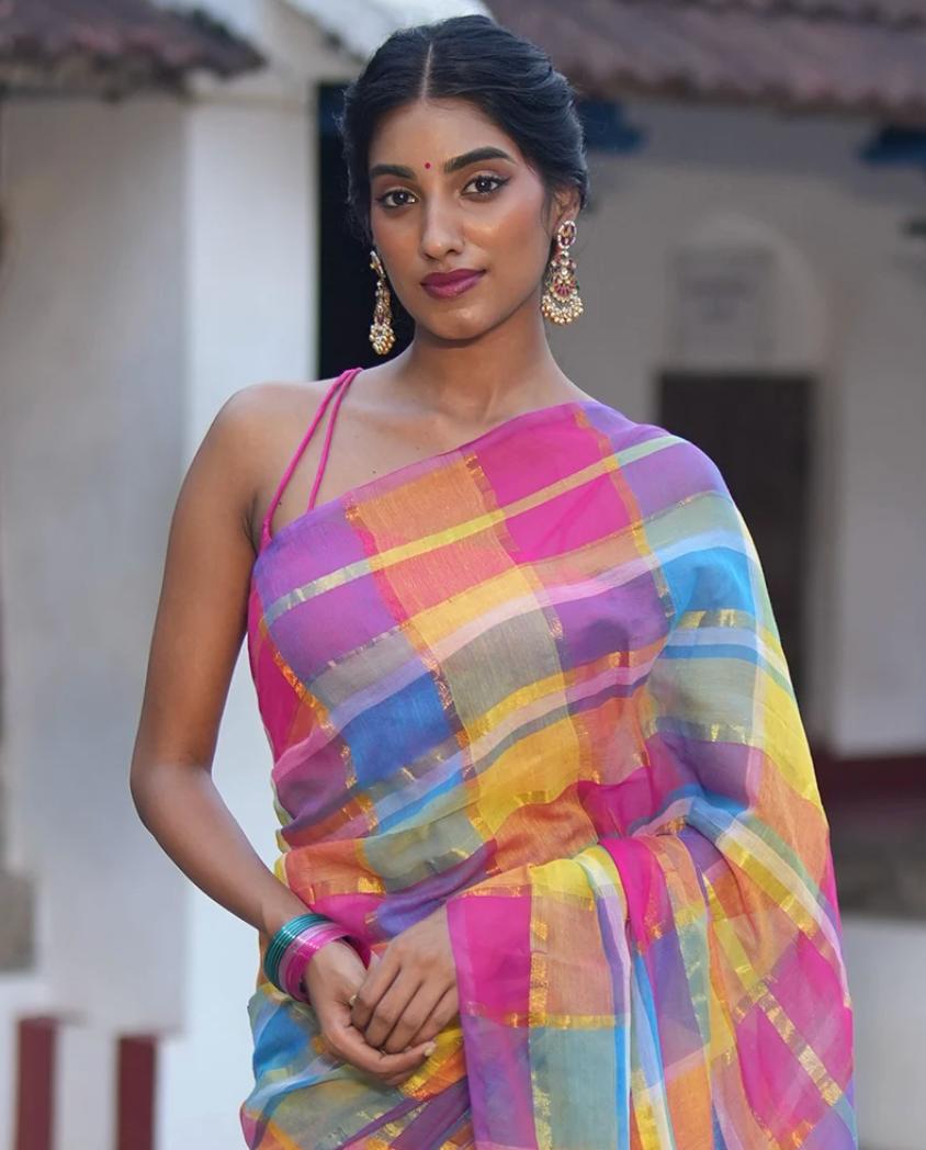 Borderless Pink Khadi Cotton Saree with Zari Checks