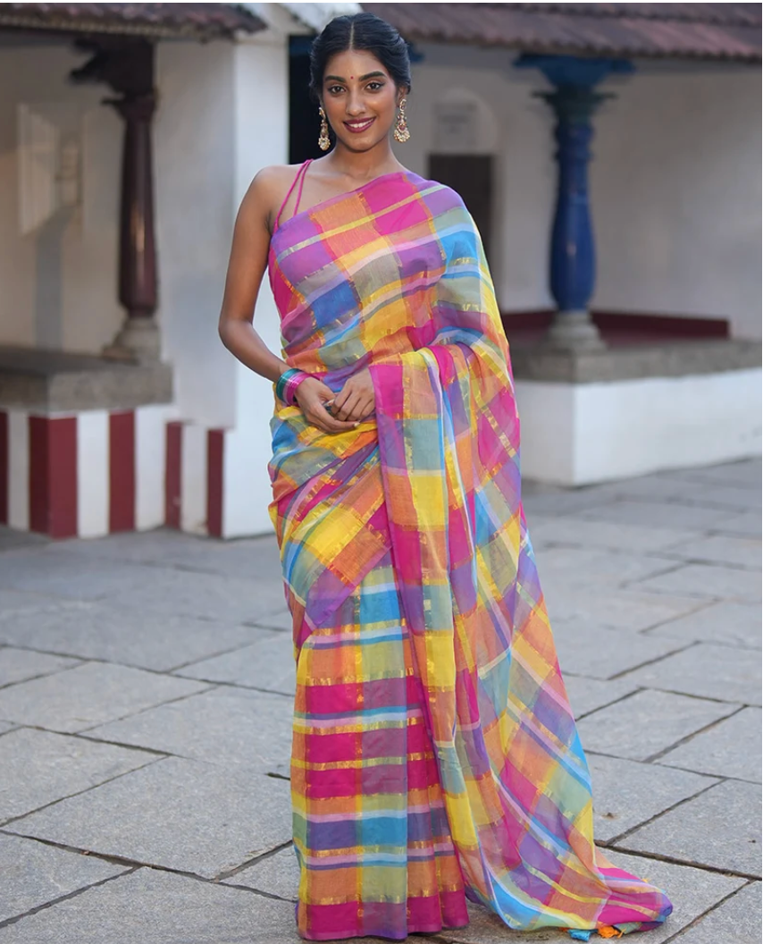 Borderless Pink Khadi Cotton Saree with Zari Checks