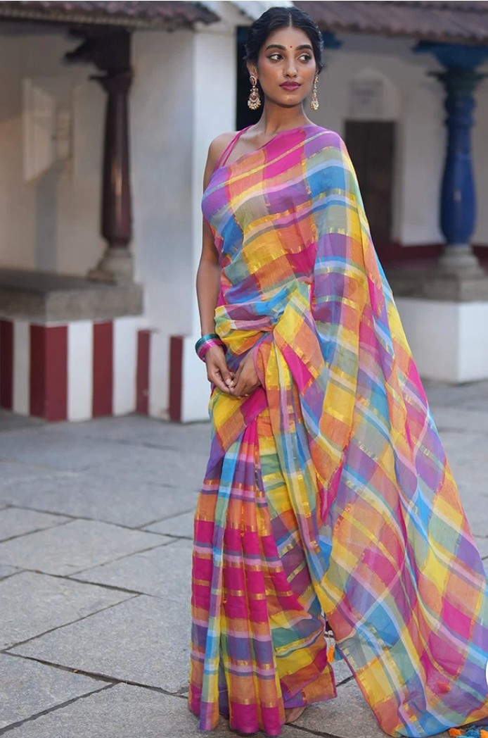 Borderless Pink Khadi Cotton Saree with Zari Checks