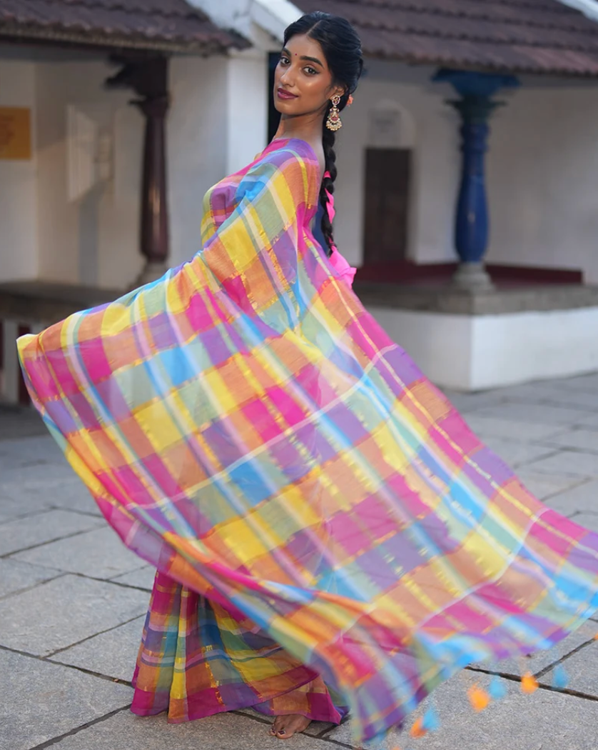 Borderless Pink Khadi Cotton Saree with Zari Checks