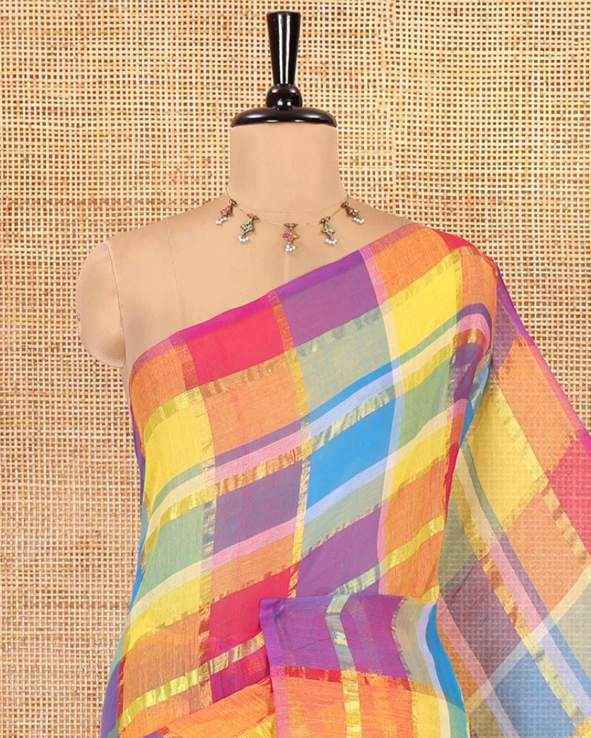 Borderless Pink Khadi Cotton Saree with Zari Checks