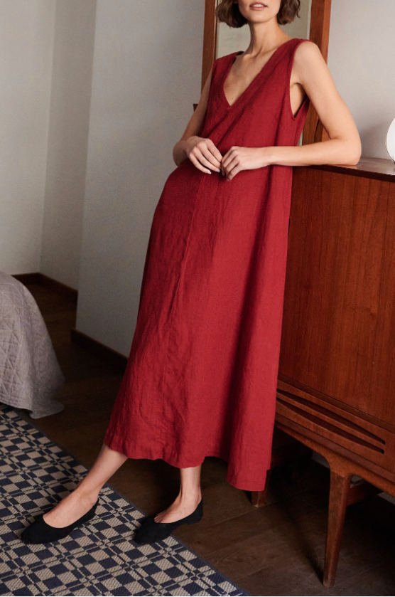 Burgundy Red Long Linen Dress with Deep V-Neck